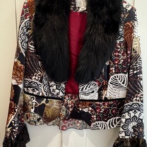 Alberto Makali Silk Multicolor Jacket with Black Fox Removable Fur Collar
